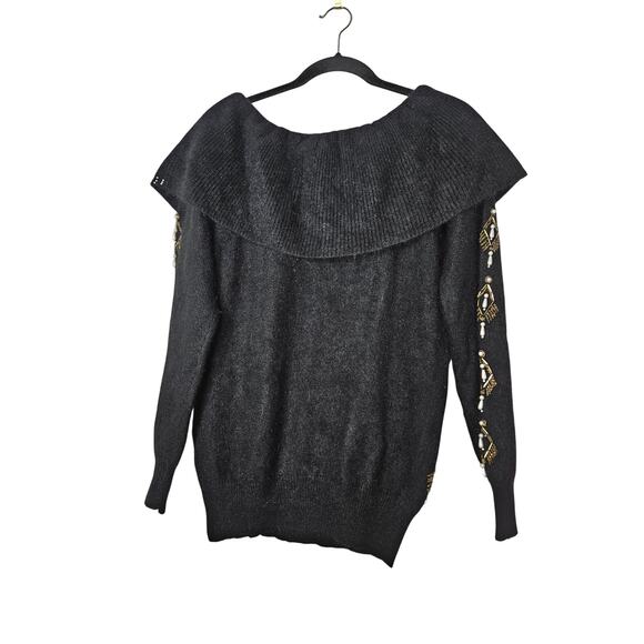 Deadstock Vintage 90s Studio Collection S Black Wool Angora Beaded Sweater Glam - Picture 3 of 5